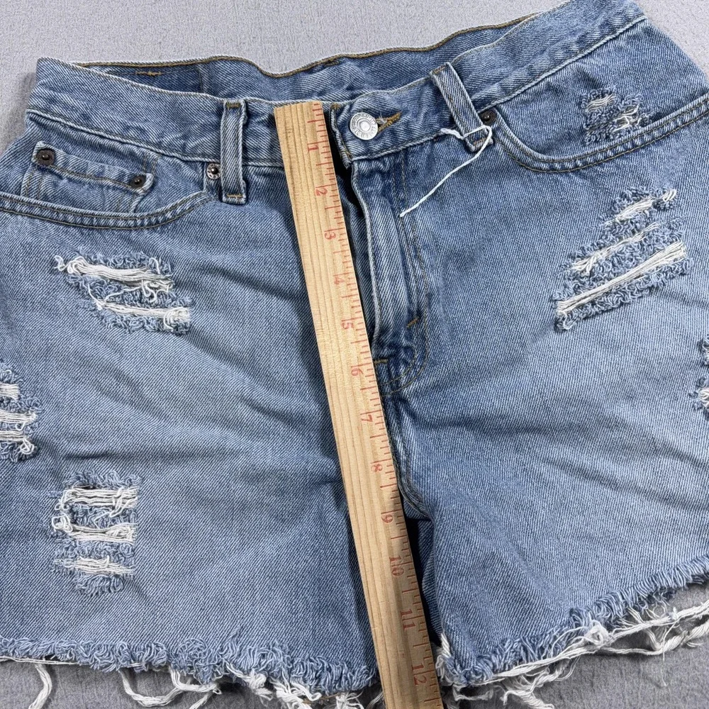 VTG Levis Denim Shorts Womens 10 Blue High Rise Distressed Cut Off Black Batwing